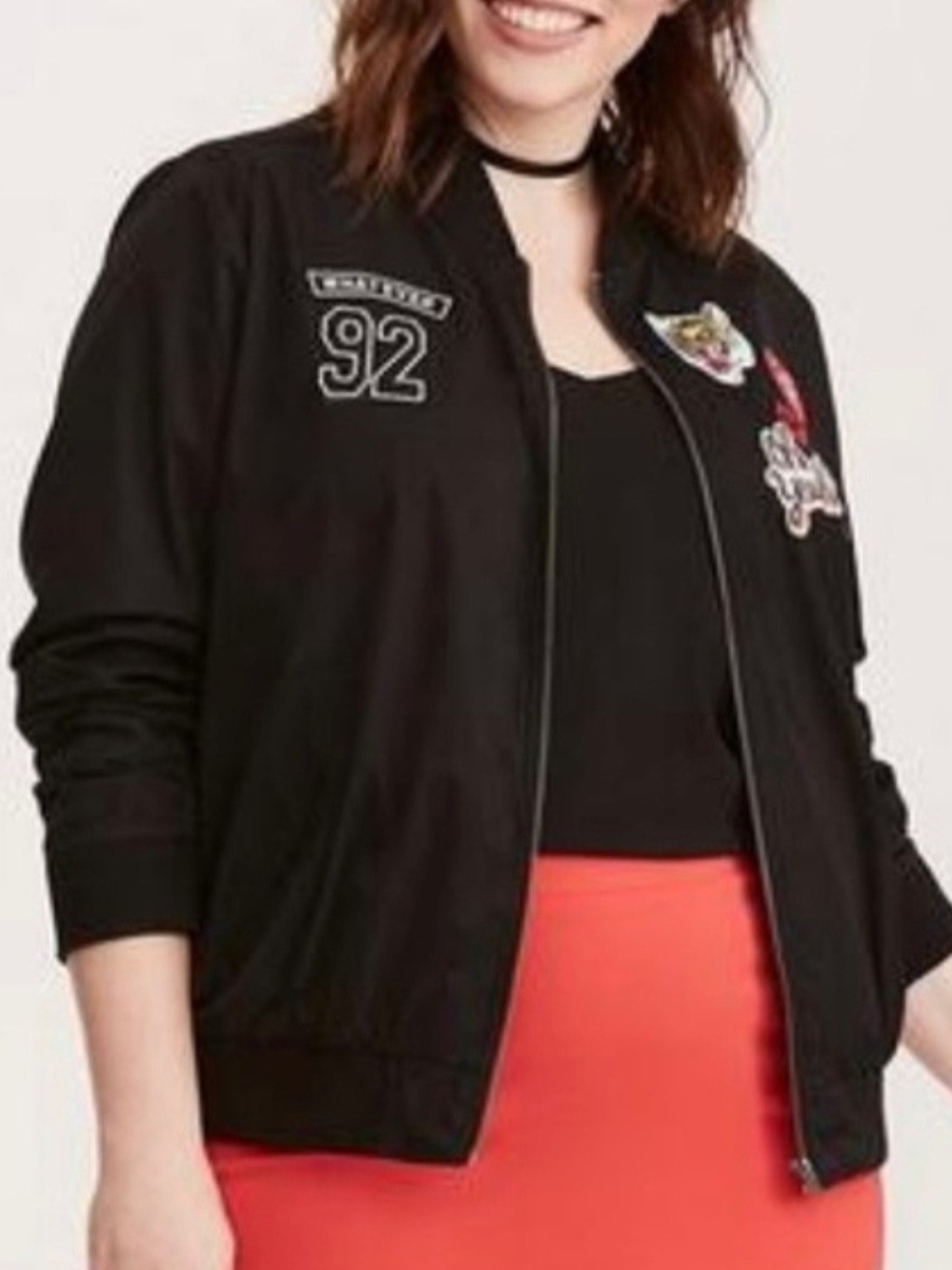 Torrid Sz 2  Black Bomber Jacket with Patch Accents